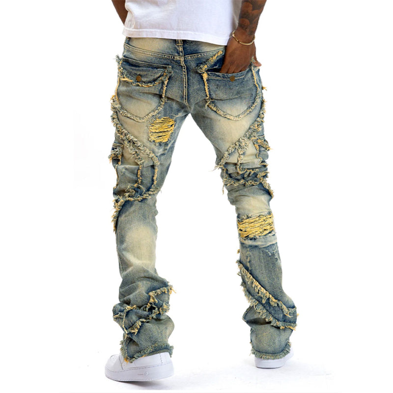 👖Klassische Stretch-Jeans mit ausgestelltem Bein für Herren – Vintage-Wash & Patchwork