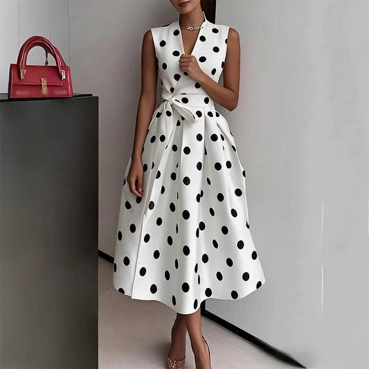 👗🌸 Damen-Kleid mit Polka-Dot-Muster, V-Ausschnitt & ärmellos – Luftig, elegant & vielseitig – Perfekt für Alltag, Büro oder besondere Anlässe – zeitloser Look mit Frische ✨