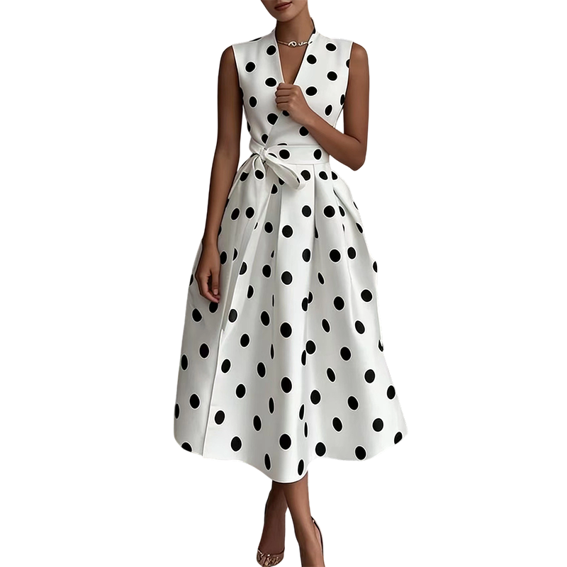 👗 50% RABATT! 🌸 Damen-Kleid mit Polka-Dot-Muster, V-Ausschnitt & ärmellos – Luftig, elegant & vielseitig – Perfekt für Alltag, Büro oder besondere Anlässe – zeitloser Look mit Frische ✨