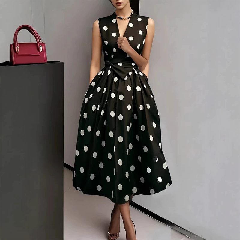 👗 50% RABATT! 🌸 Damen-Kleid mit Polka-Dot-Muster, V-Ausschnitt & ärmellos – Luftig, elegant & vielseitig – Perfekt für Alltag, Büro oder besondere Anlässe – zeitloser Look mit Frische ✨