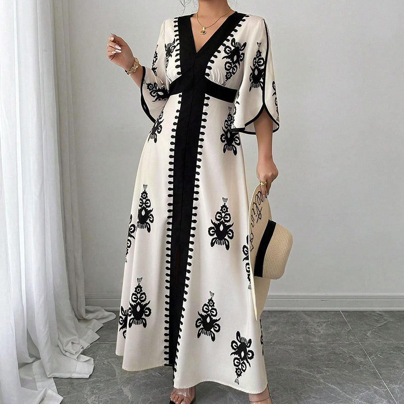 👗⏰ NUR NOCH HEUTE: 50% RABATT+Versandkostenfrei! Elegantes Damen Maxikleid mit V-Ausschnitt & Retro-Print – Fließender Stoff, Glockenärmel & kontrastierende schwarze Besätze – Perfekt für Urlaub, Picknick & Abendausflüge ✨