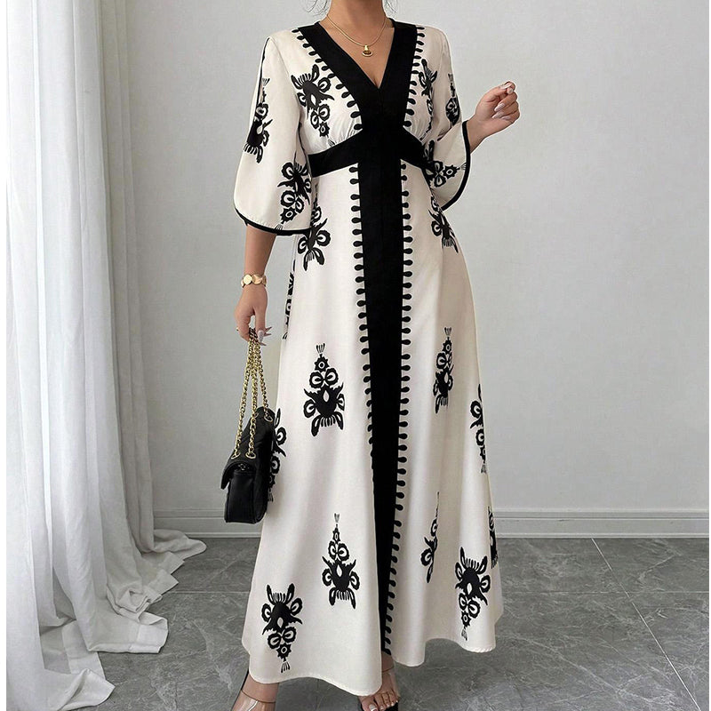 👗⏰ NUR NOCH HEUTE: 50% RABATT+Versandkostenfrei! Elegantes Damen Maxikleid mit V-Ausschnitt & Retro-Print – Fließender Stoff, Glockenärmel & kontrastierende schwarze Besätze – Perfekt für Urlaub, Picknick & Abendausflüge ✨