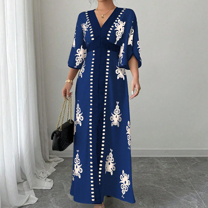 👗⏰ NUR NOCH HEUTE: 50% RABATT+Versandkostenfrei! Elegantes Damen Maxikleid mit V-Ausschnitt & Retro-Print – Fließender Stoff, Glockenärmel & kontrastierende schwarze Besätze – Perfekt für Urlaub, Picknick & Abendausflüge ✨