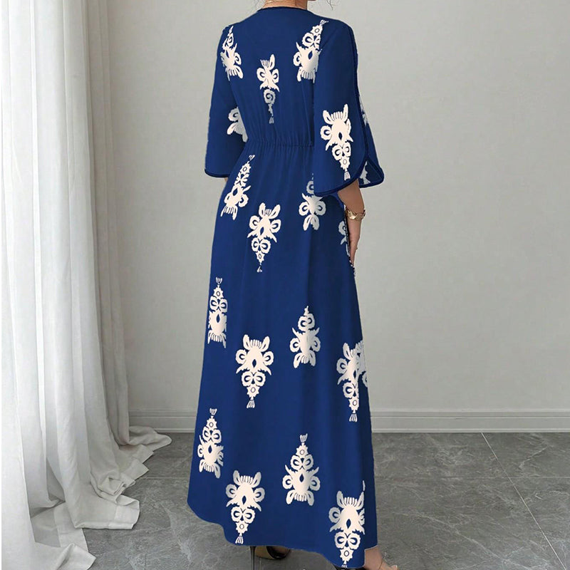 👗⏰ NUR NOCH HEUTE: 50% RABATT+Versandkostenfrei! Elegantes Damen Maxikleid mit V-Ausschnitt & Retro-Print – Fließender Stoff, Glockenärmel & kontrastierende schwarze Besätze – Perfekt für Urlaub, Picknick & Abendausflüge ✨