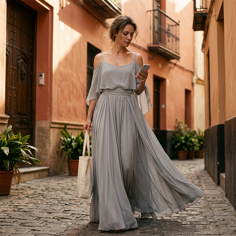 👗 ZEITLICH BEGRENZT 50% RABATT! 💥 Damen Elegantes Off-Shoulder Maxi-Kleid – Schulterfreies Design, tailliert, Spaghettiträger ✨