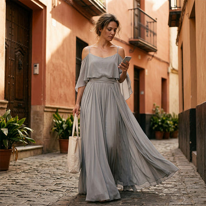 👗 ZEITLICH BEGRENZT 50% RABATT! 💥 Damen Elegantes Off-Shoulder Maxi-Kleid – Schulterfreies Design, tailliert, Spaghettiträger ✨