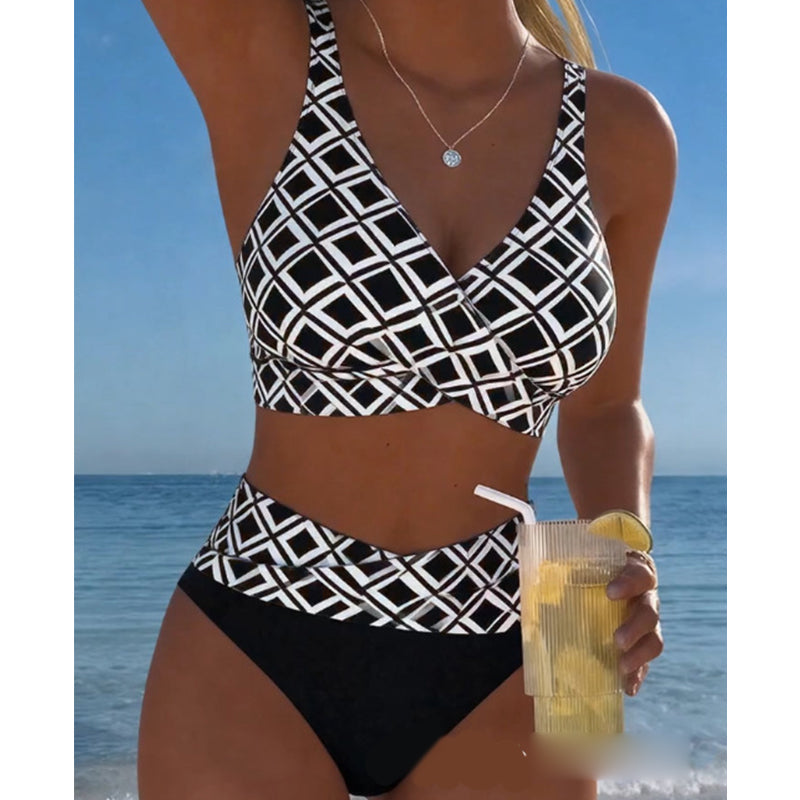 🔥Letzter Tag! 50% Rabatt Damen High Waist Bikini-Set🩱Geometrisches Muster, Wickel-Oberteil mit Bauchweg-Effekt für Strand & Pool