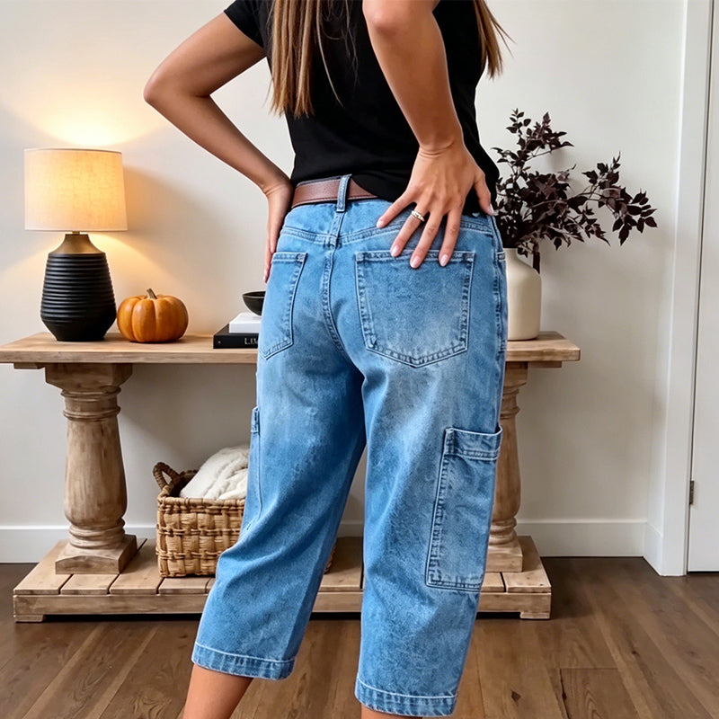 ⏳ Letzter Tag: 50 % Rabatt🔥 Damen 3/4 Cargo Jeans ✨ Lässige elastische verkürzte Jeans für Alltag & Freizeit