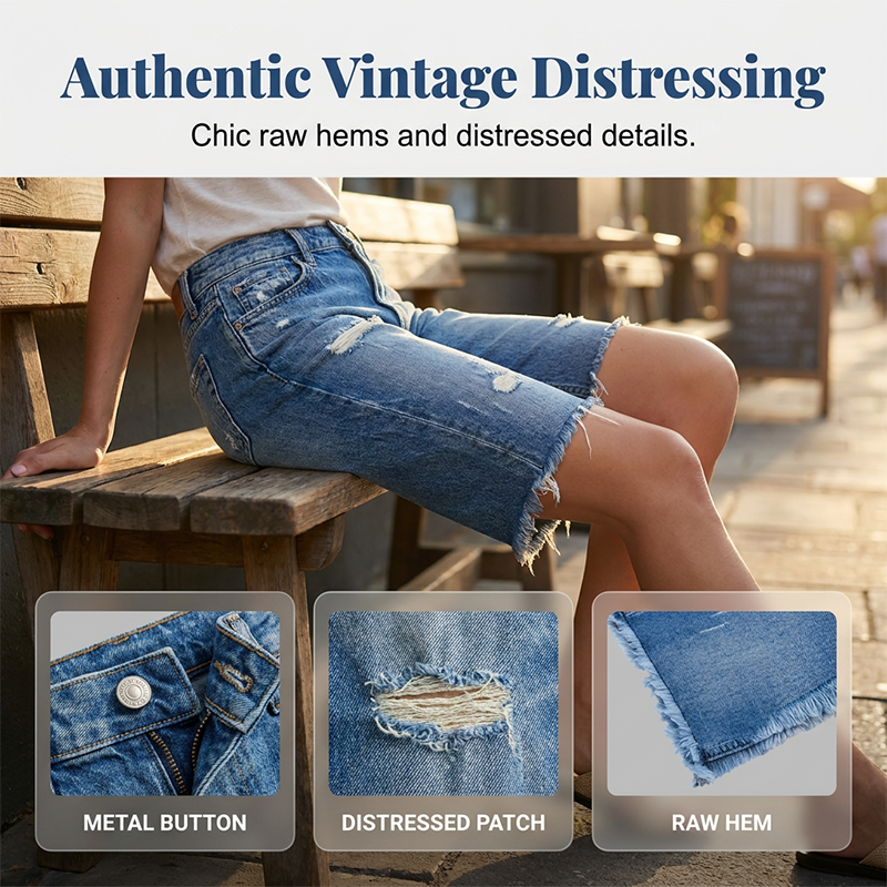 👖💙 NUR KURZE ZEIT: 50% RABATT! Damen Stretch Bermuda Jeans-Shorts – Vintage Used-Look, Destroy-Details, elastischer Stoff für maximalen Komfort ✨