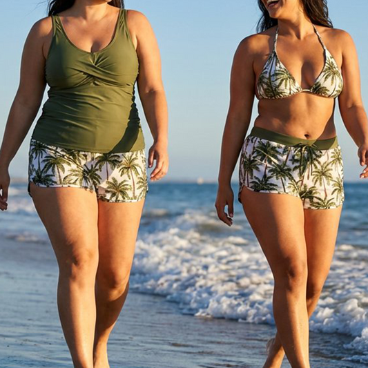 🏖️ Sommer-Sale 60% Rabatt 🏝️👙3-teiliges Badeset – Tankini Top, Neckholder Bikini & Palmenprint Badeshorts, figurfreundlich für Strand & Pool🏊