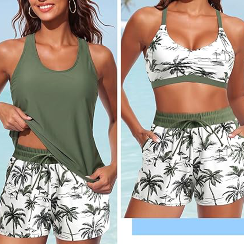 🏖️ Sommer-Sale 60% Rabatt 🏝️👙3-teiliges Badeset – Tankini Top, Neckholder Bikini & Palmenprint Badeshorts, figurfreundlich für Strand & Pool🏊