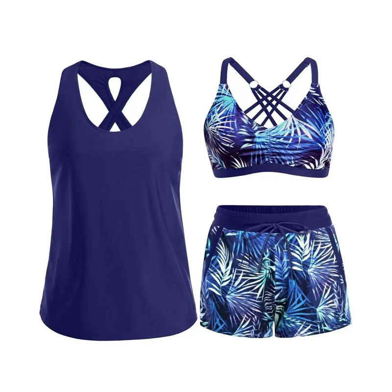 🏖️ Sommer-Sale 60% Rabatt 🏝️👙3-teiliges Badeset – Tankini Top, Neckholder Bikini & Palmenprint Badeshorts, figurfreundlich für Strand & Pool🏊