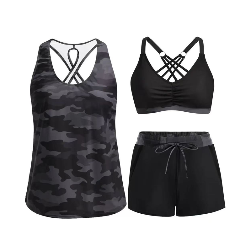 🏖️ Sommer-Sale 60% Rabatt 🏝️👙3-teiliges Badeset – Tankini Top, Neckholder Bikini & Palmenprint Badeshorts, figurfreundlich für Strand & Pool🏊