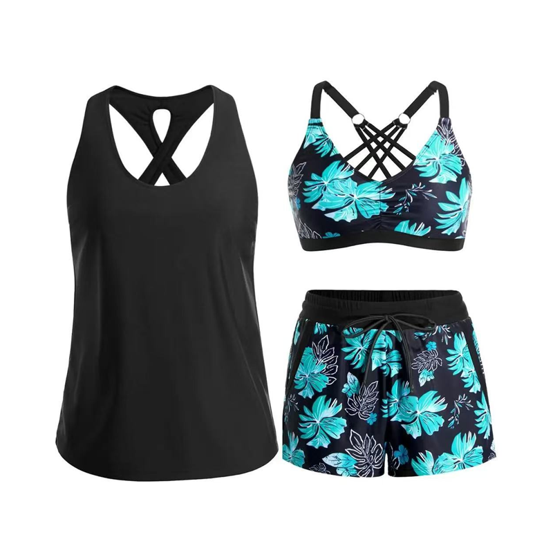 🏖️ Sommer-Sale 60% Rabatt 🏝️👙3-teiliges Badeset – Tankini Top, Neckholder Bikini & Palmenprint Badeshorts, figurfreundlich für Strand & Pool🏊