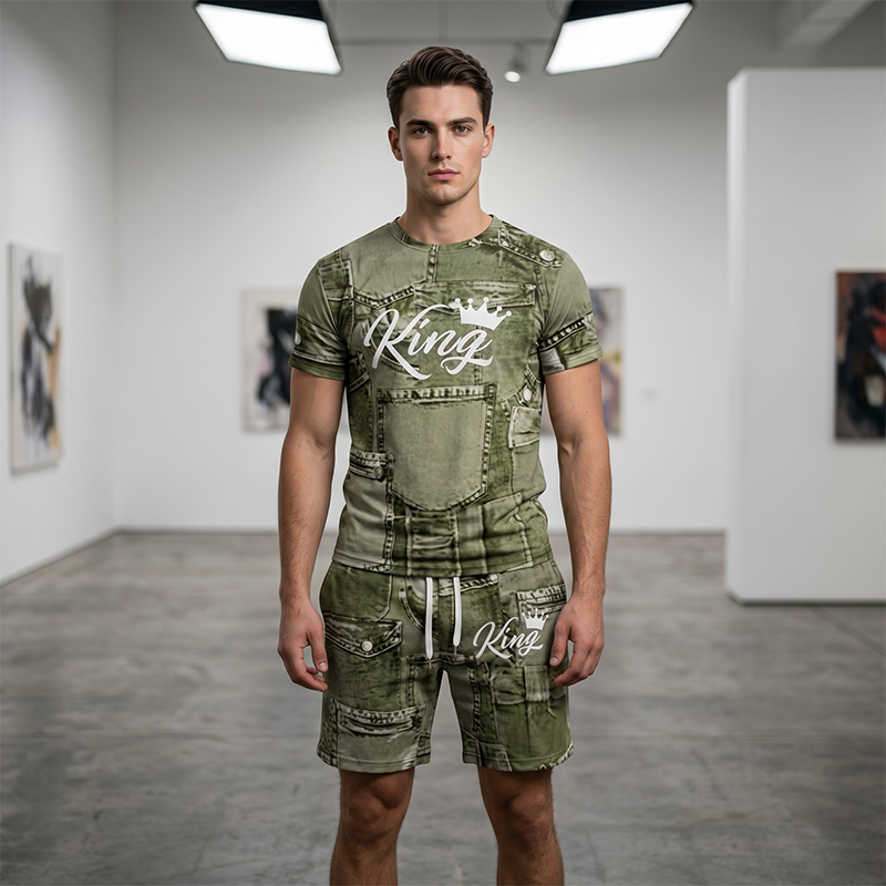 🔥Solange der Vorrat reicht 50 % Rabatt!🎉Herren Lässiges Kunstdenim-Print T-Shirt & Shorts Set