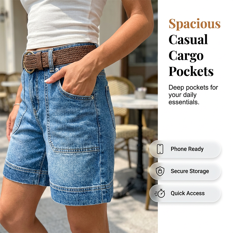 Bermuda-Jeansshorts für Damen mit mittlerer Leibhöhe und Taschen