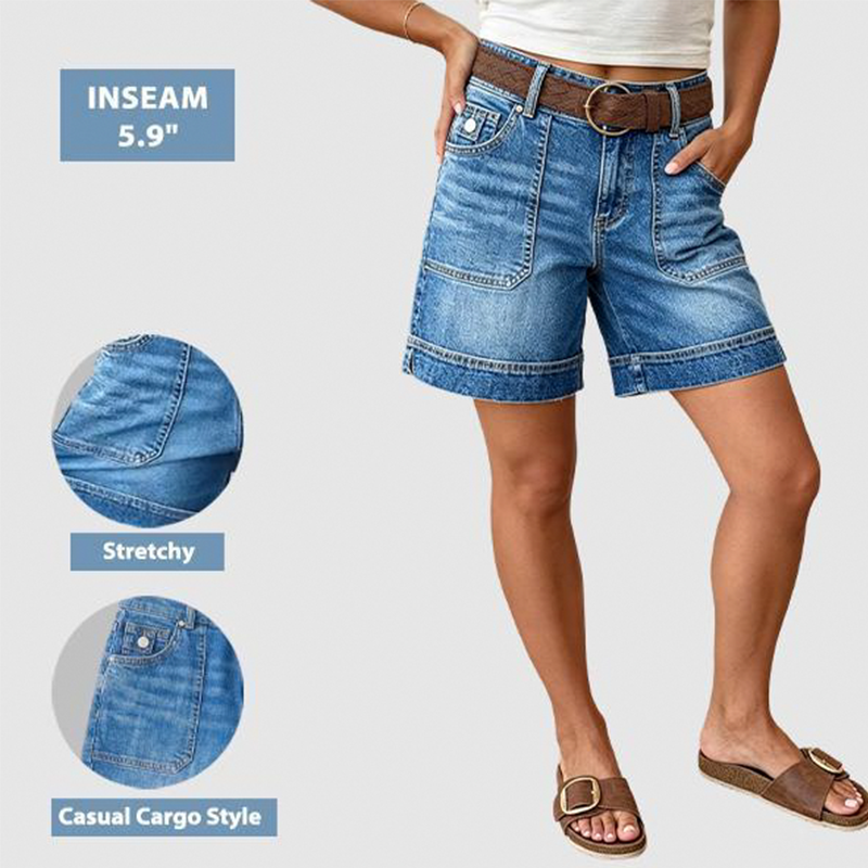 Bermuda-Jeansshorts für Damen mit mittlerer Leibhöhe und Taschen