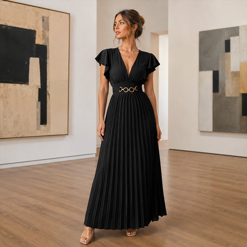 🎉 2026 Sale — Over 35,000 Sold!💃Flowy Pleated Maxi Dress – V-Neck, Ruffle Sleeves, Metal Waistband 🌸