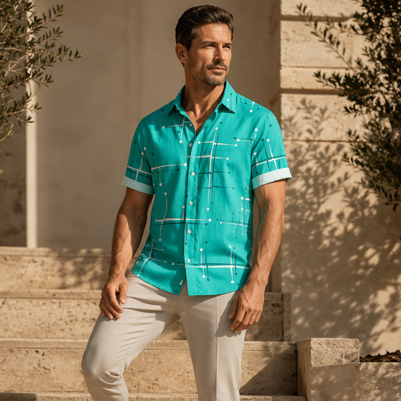 ☀️ 50% RABATT! 👔 Herren Geometrisches Muster Kurzarmhemd – Locker sitzend, weich & luftig – Perfekt für Urlaub & heiße Tage ✨
