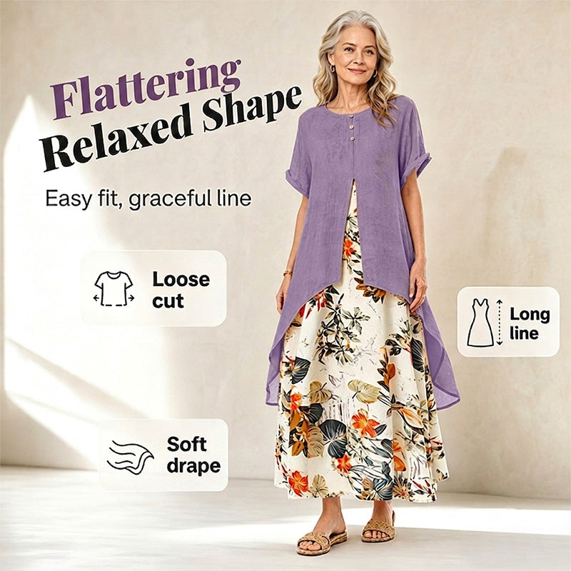 🛍️ 50 % Rabatt – Kurzarm-Kleid aus Leinenmix – als Fake-Two-Piece, mit Rundhalsausschnitt & weiter Rock – leicht & vielseitig für warme Tage 🌸