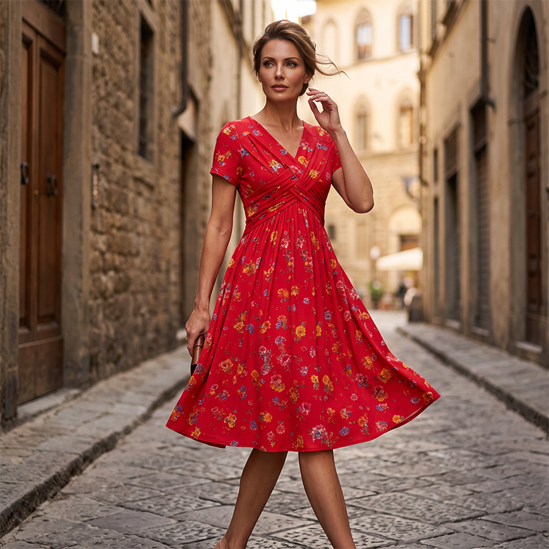 🌸🔥50% RABATT!🔥🔥Blumiges V-Ausschnitt-Kleid mit Taillendrehung – elegant und lässig für jeden Anlass