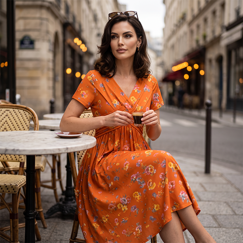 🌸🔥50% RABATT!🔥🔥Blumiges V-Ausschnitt-Kleid mit Taillendrehung – elegant und lässig für jeden Anlass