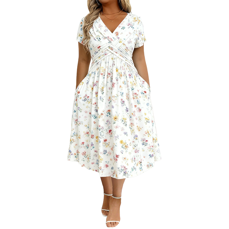 🌸🔥50% RABATT!🔥🔥Blumiges V-Ausschnitt-Kleid mit Taillendrehung – elegant und lässig für jeden Anlass