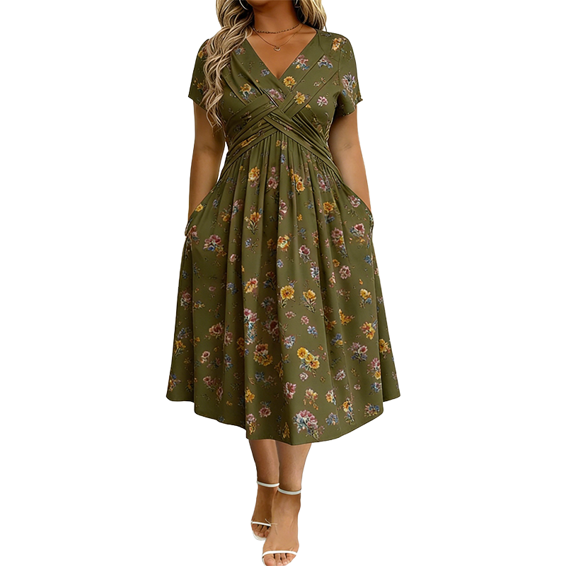 🌸🔥50% RABATT!🔥🔥Blumiges V-Ausschnitt-Kleid mit Taillendrehung – elegant und lässig für jeden Anlass