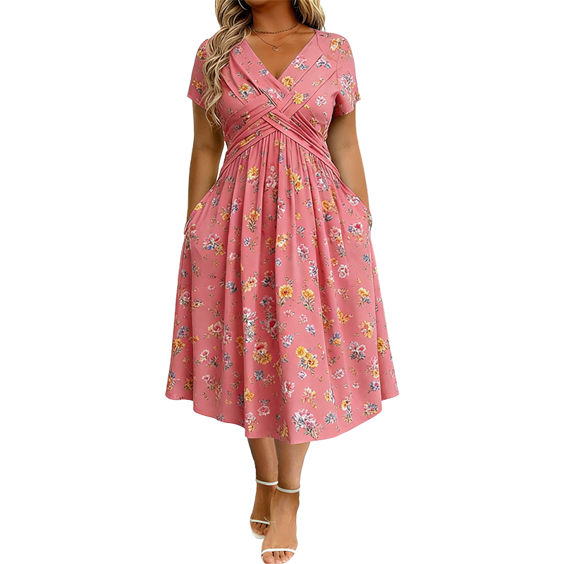 🌸🔥50% RABATT!🔥🔥Blumiges V-Ausschnitt-Kleid mit Taillendrehung – elegant und lässig für jeden Anlass