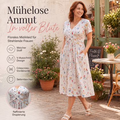 🌸🔥50% RABATT!🔥🔥Blumiges V-Ausschnitt-Kleid mit Taillendrehung – elegant und lässig für jeden Anlass