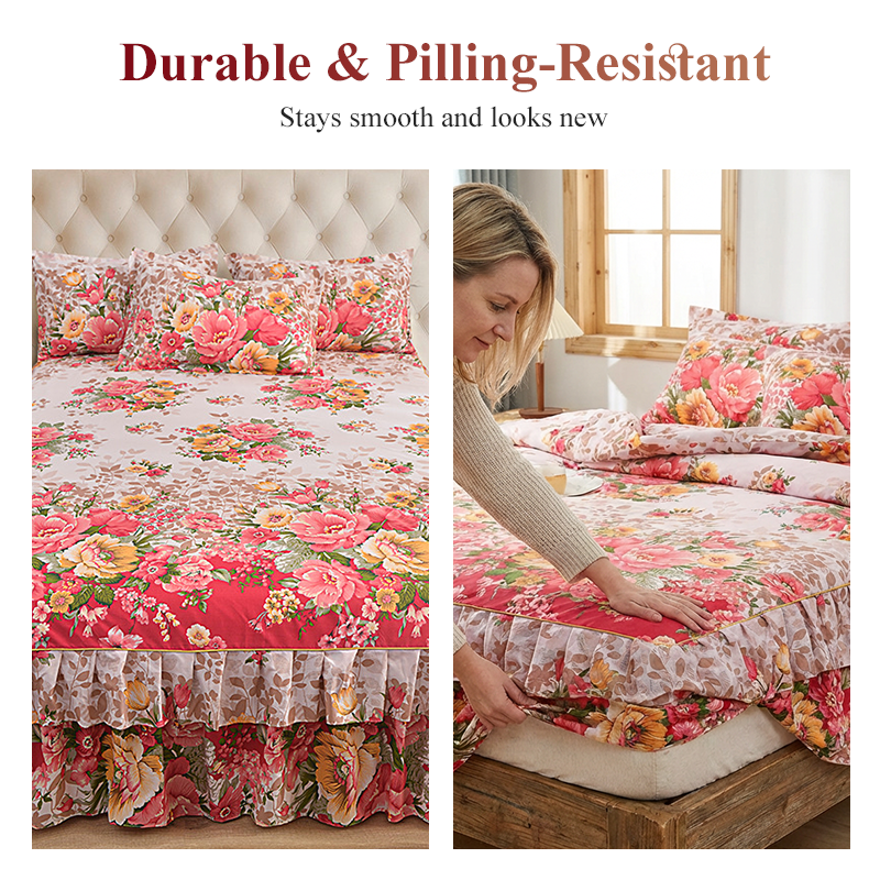 🌸 BEFRISTET ANGEBOT – 50 % RABATT! 3-teiliger, florales Rüschen-Bettrock – Dekoratives Bettwäsche-Set für das Schlafzimmer mit Kissenbezügen ✨