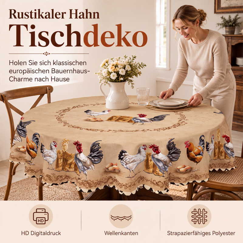 🎉 2026 SALE 50% RABATT! 🐓 Tischdecke mit Vintage-Bauernhaus-Hühnermuster – HD-Drucke bleiben farbintensiv, muschelförmige Kanten sorgen für zusätzlichen Charme! ✨