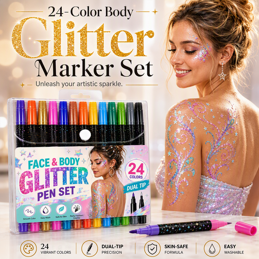 ✨ 24‑Farben Glitzer‑Marker‑Set – Doppelspitze, lebendige Farben & wasserfest – Perfekt für Party‑Make‑up & kreative Looks 🌟