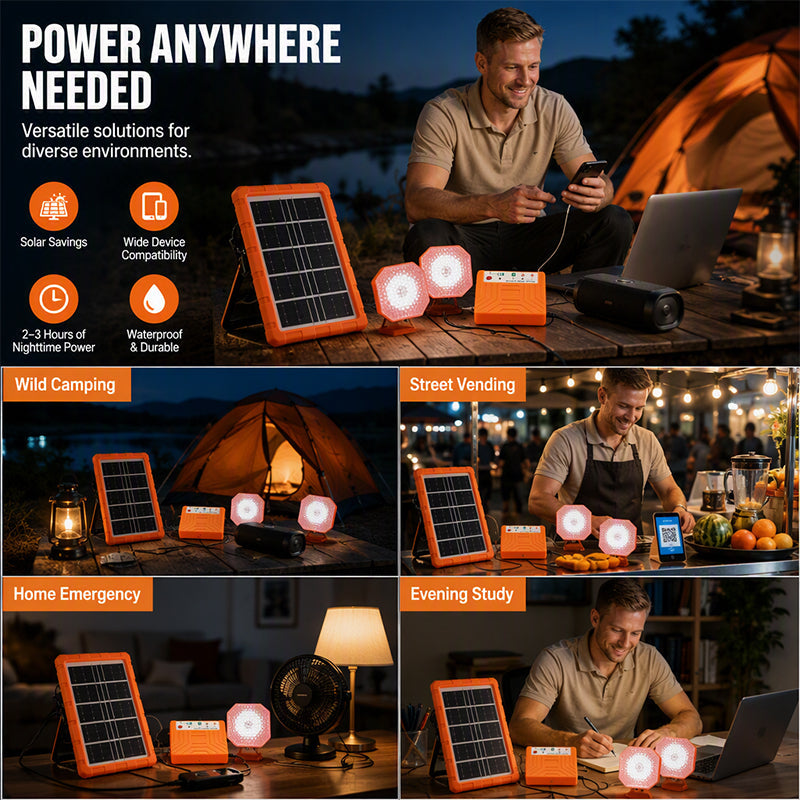 ☀️ Tragbares Solarstromsystem – 4 W Panel, 2400 mAh Akku, Typ-C/USB/DC. Inkl. 2 LED-Leuchten. Wasserdicht, stoßfest. Für Camping & Notfälle 🛡️