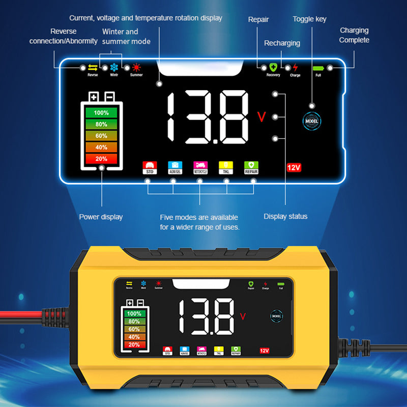 ⚡ Intelligentes KFZ-Batterieladegerät 12V 6A – 9 Stufen & Impulsreparatur – LCD-Farbdisplay für Blei-Säure-Batterien 🚗