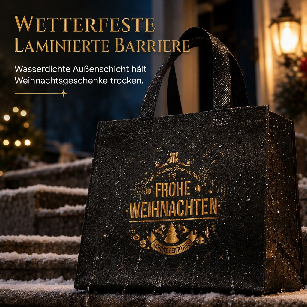 🎁Schwarze Weihnachts-Geschenktragetasche aus Vliesstoff, Geschenkverpackungstasche für Feiertage, 23x22x11 cm