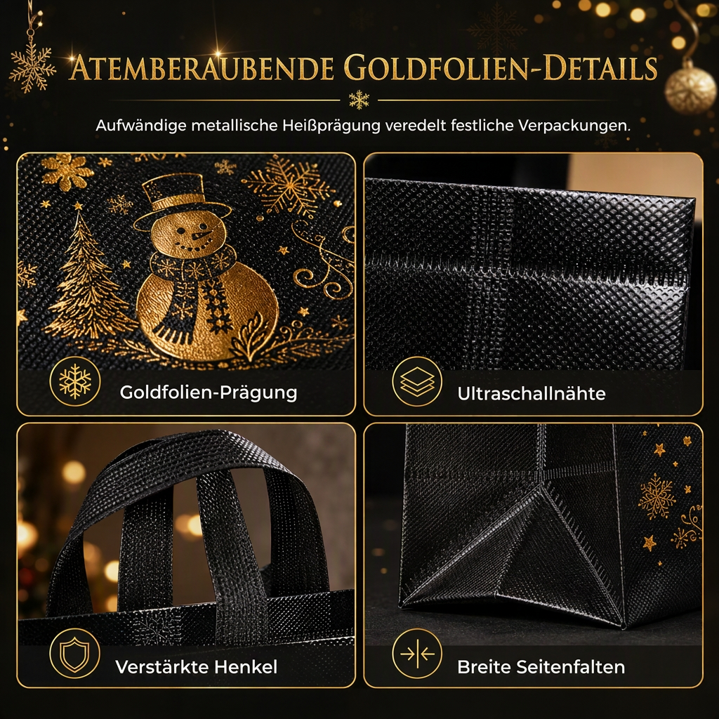 🎁Schwarze Weihnachts-Geschenktragetasche aus Vliesstoff, Geschenkverpackungstasche für Feiertage, 23x22x11 cm