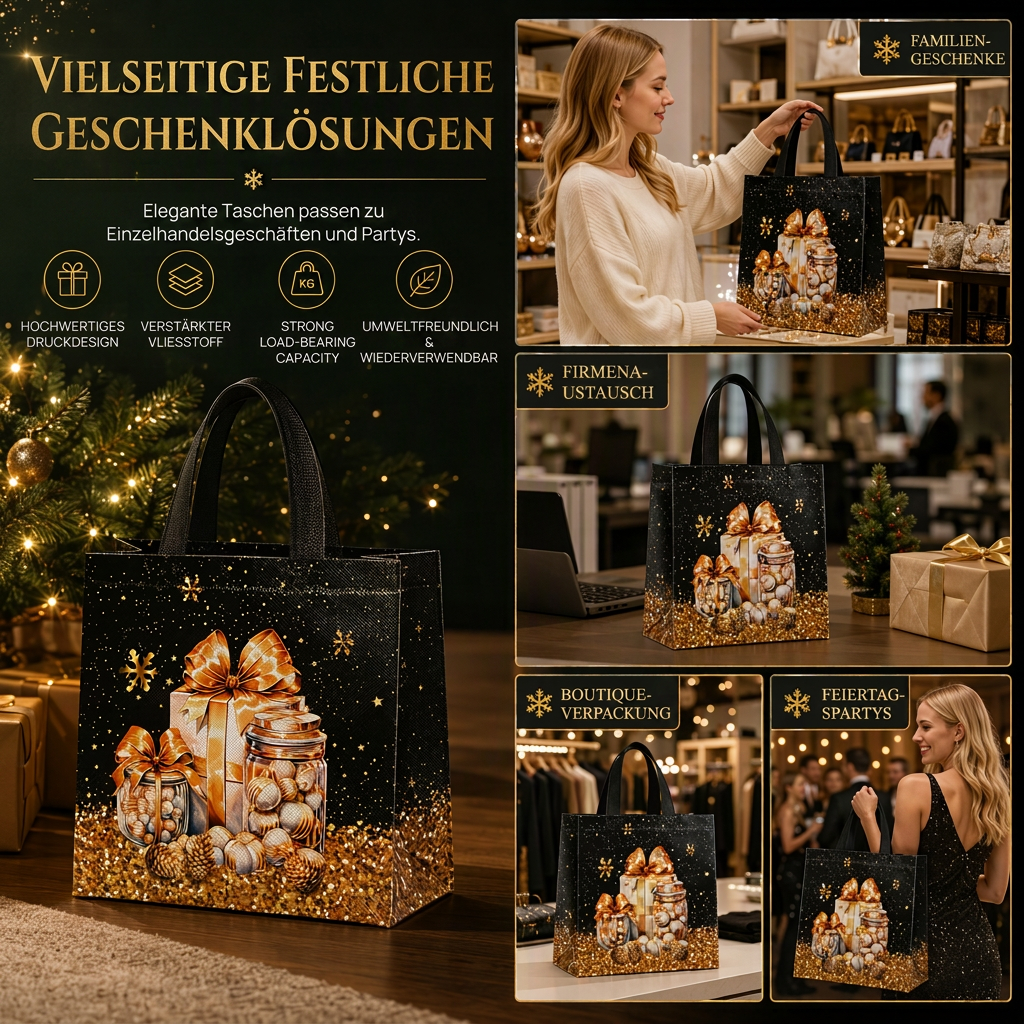 🎁Schwarze Weihnachts-Geschenktragetasche aus Vliesstoff, Geschenkverpackungstasche für Feiertage, 23x22x11 cm