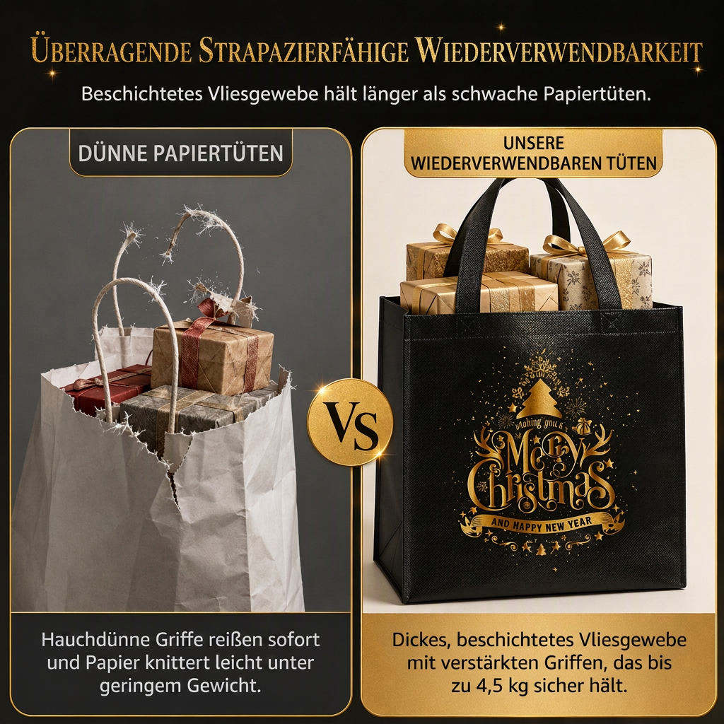 🎁Schwarze Weihnachts-Geschenktragetasche aus Vliesstoff, Geschenkverpackungstasche für Feiertage, 23x22x11 cm