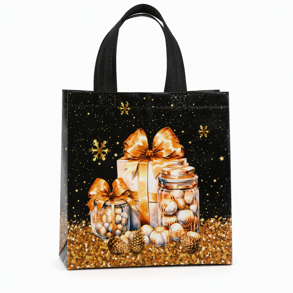 🎁Schwarze Weihnachts-Geschenktragetasche aus Vliesstoff, Geschenkverpackungstasche für Feiertage, 23x22x11 cm