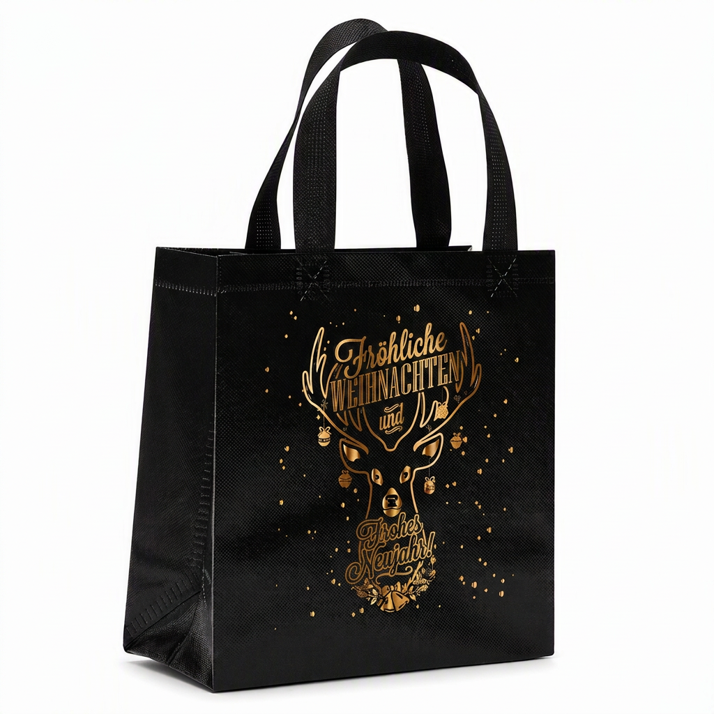 🎁Schwarze Weihnachts-Geschenktragetasche aus Vliesstoff, Geschenkverpackungstasche für Feiertage, 23x22x11 cm