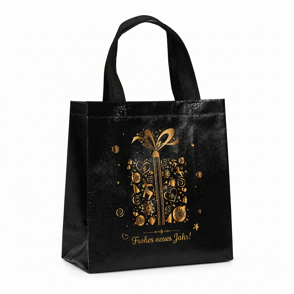 🎁Schwarze Weihnachts-Geschenktragetasche aus Vliesstoff, Geschenkverpackungstasche für Feiertage, 23x22x11 cm
