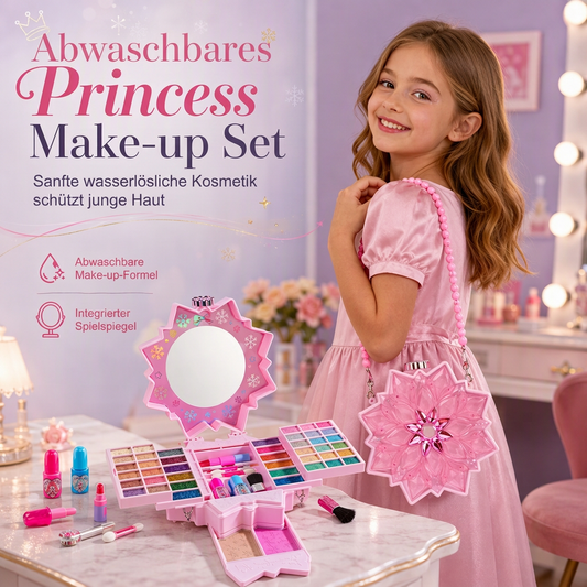 Waschbares Prinzessinnen-Make-up-Spielset für Kinder mit drehbaren Fächern und Tragetasche