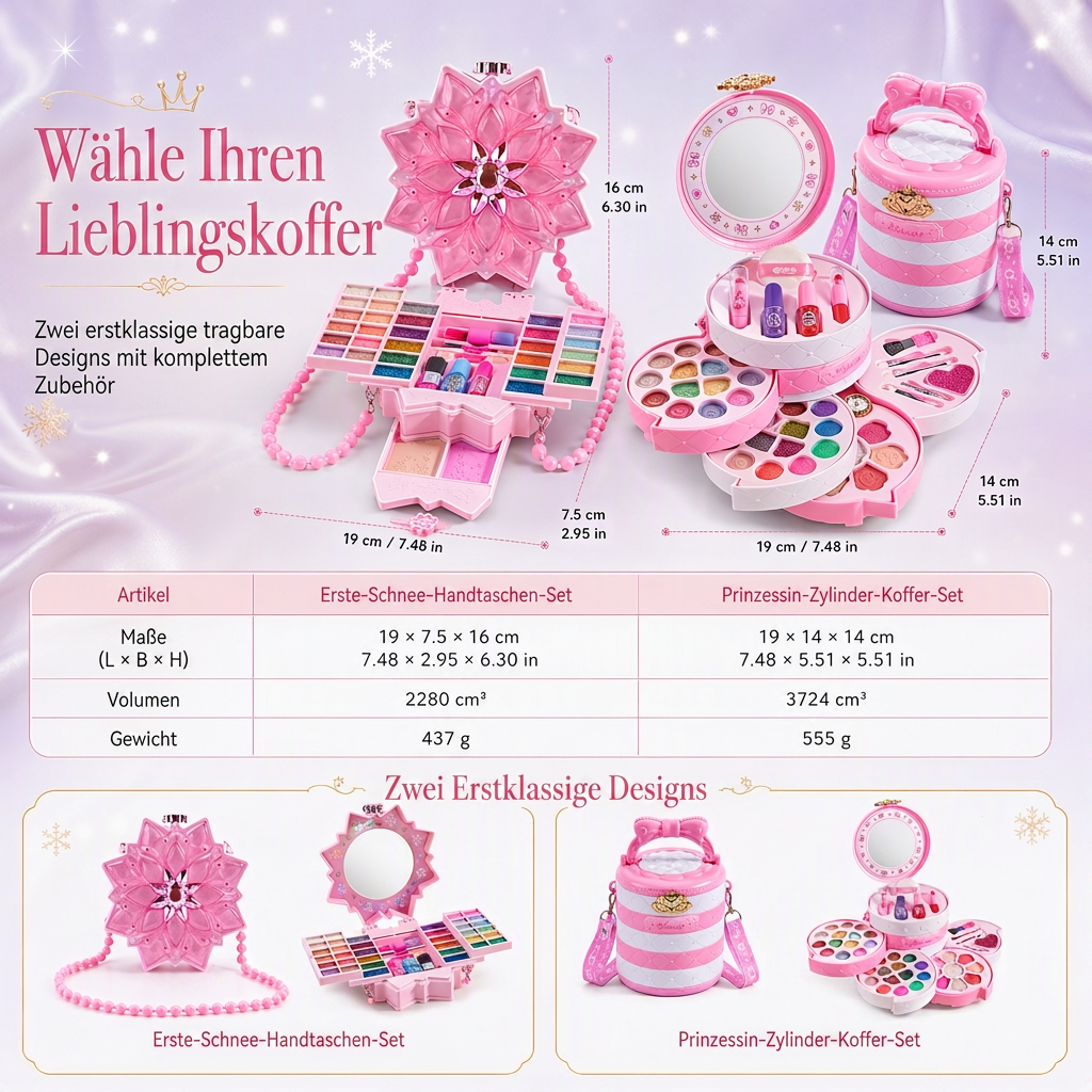 Waschbares Prinzessinnen-Make-up-Spielset für Kinder mit drehbaren Fächern und Tragetasche