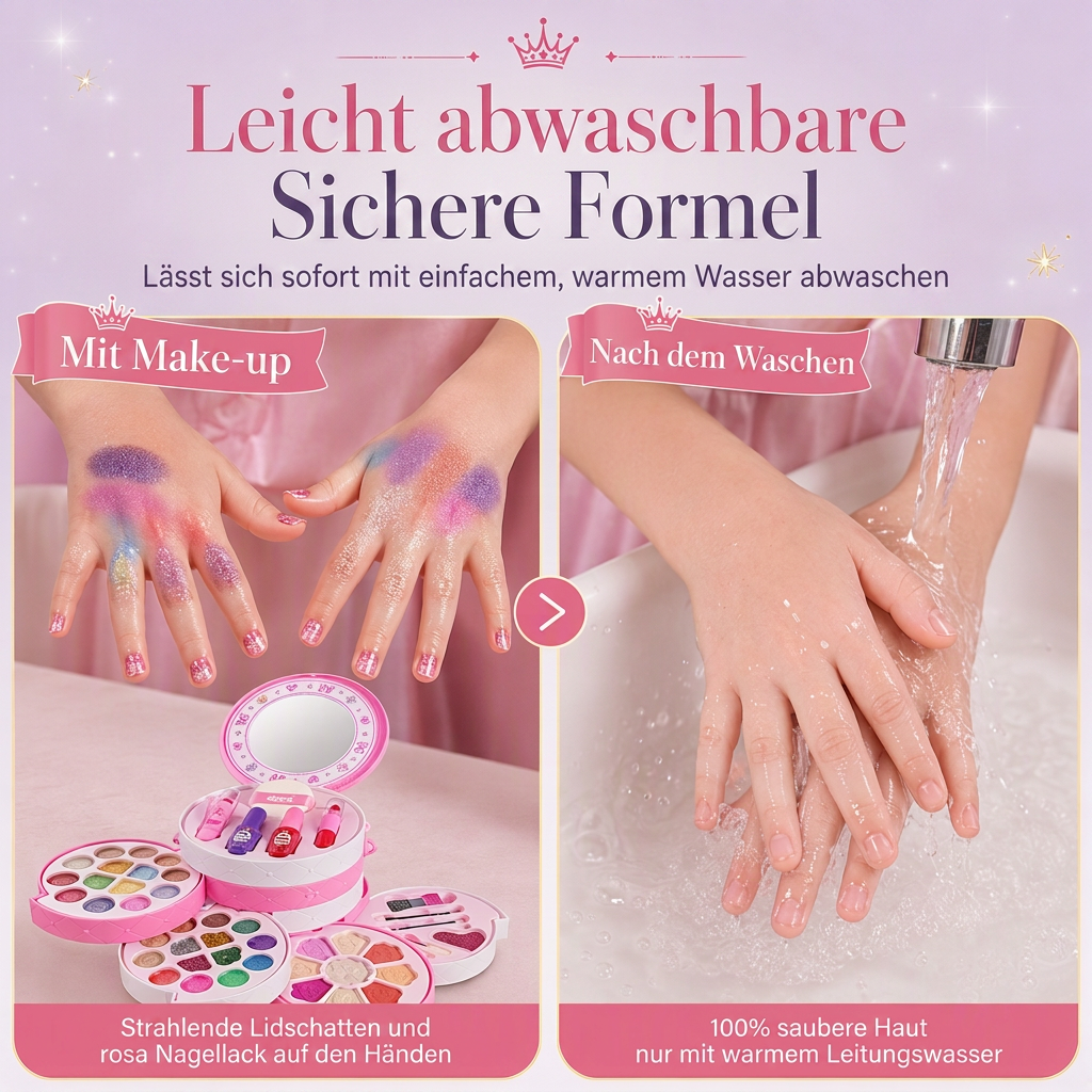 Waschbares Prinzessinnen-Make-up-Spielset für Kinder mit drehbaren Fächern und Tragetasche