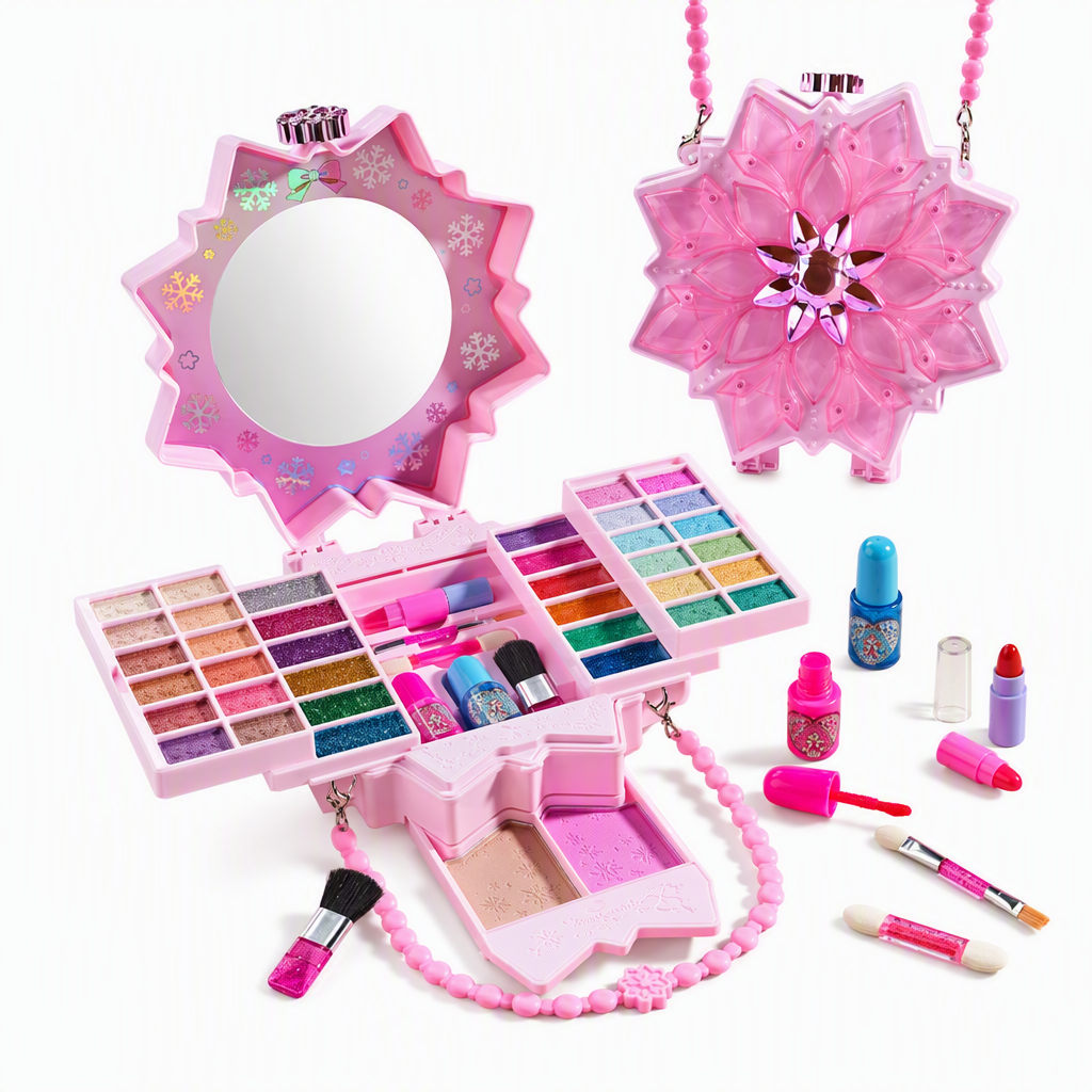 Waschbares Prinzessinnen-Make-up-Spielset für Kinder mit drehbaren Fächern und Tragetasche