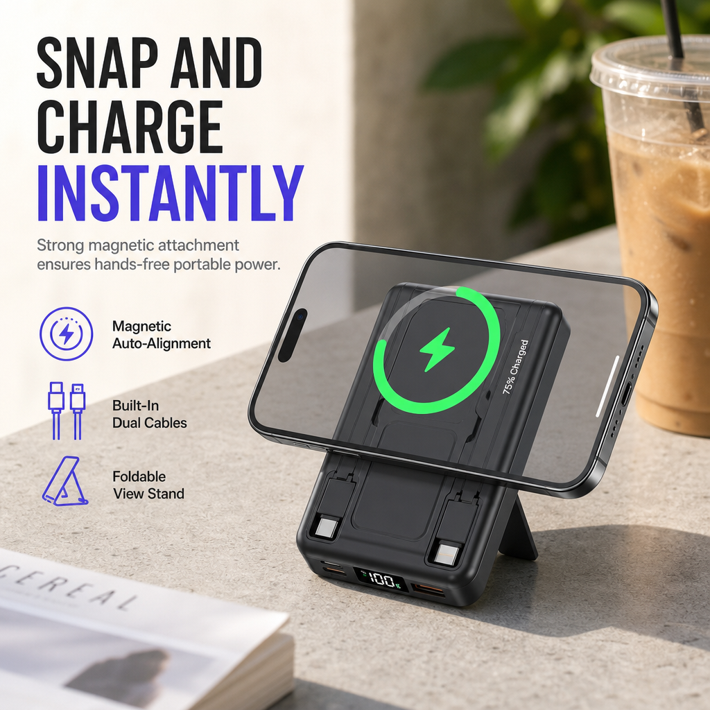 Magnetic Wireless Fast Charging Power Bank with Built-in Cable and Stand Portable