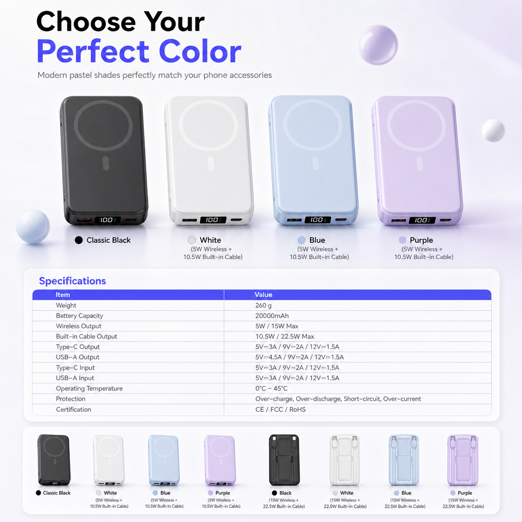 Magnetic Wireless Fast Charging Power Bank with Built-in Cable and Stand Portable