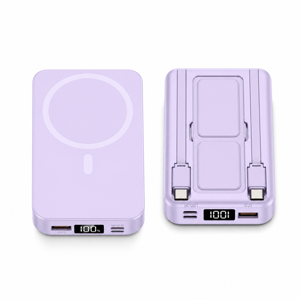Magnetic Wireless Fast Charging Power Bank with Built-in Cable and Stand Portable