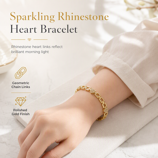 ✨💛Goldfarbenes Armband mit Herz-Strassdetails und geometrischer Gliederkette, schönes Schmuckstück für den Alltag💫